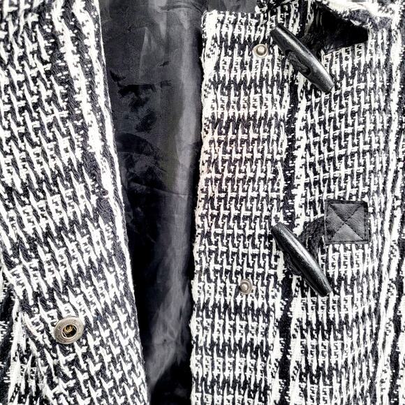 Ambiance Apparel Black & White Tweed Button Up Lined Trench Coat Women's Size L - Picture 7 of 10
